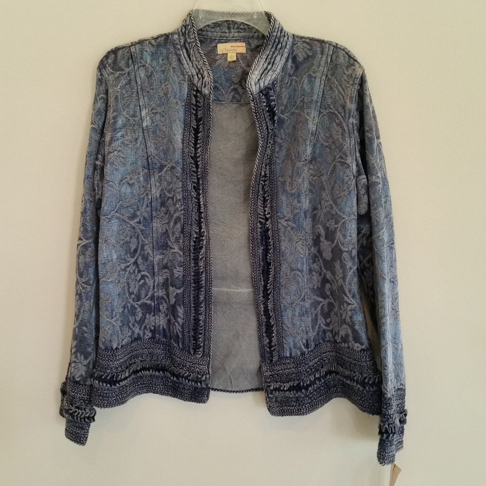 CHOICES SIZE M BROCADE TAPESTRY OPEN FRONT SHADES OF BLUE JACKET VELVET TRIM